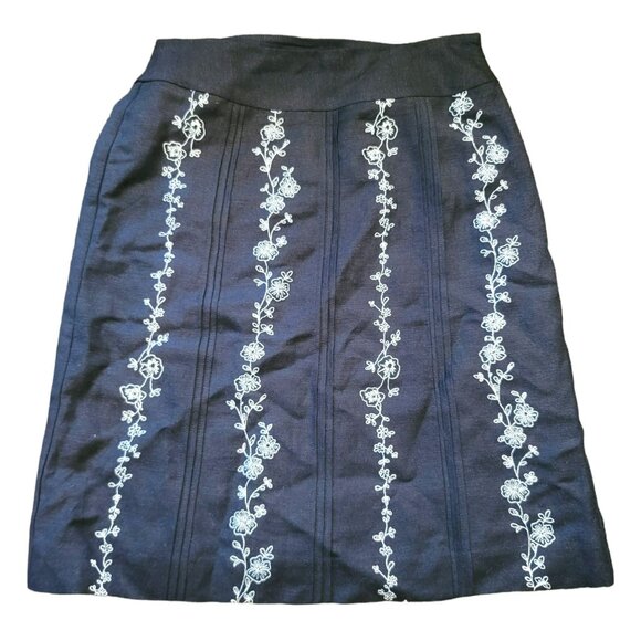 Ann Taylor Dresses & Skirts - Ann Taylor Loft Black Linen Skirt White Floral Embroidery Pencil Sz 0 JJ3409